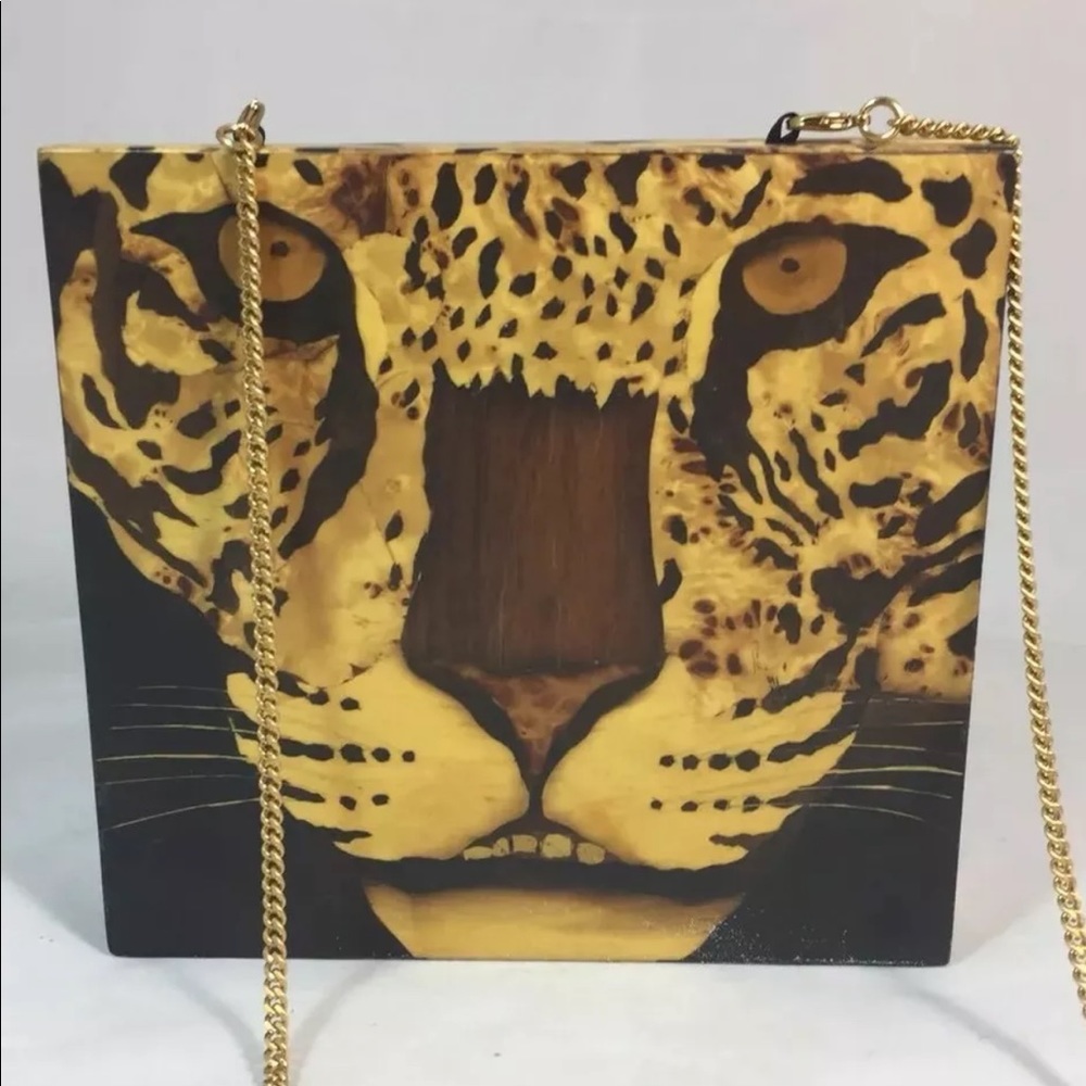 New Handmade Minaudière Wood Hand Painted Tiger Safari Brown Square Gold Chain